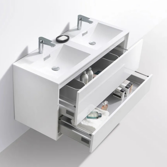 DeLusso 48" Double Sink High Glossy White Wall Mount Modern Bathroom Vanity