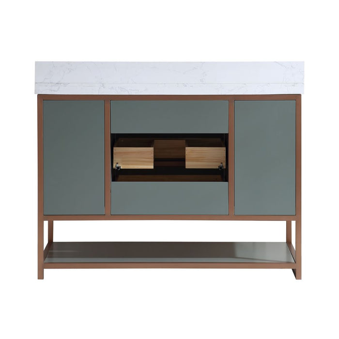 Luxury Line 48" Pewter Green 8-Drawer Bathroom Vanity – Golden Brush Steel Frame Thick White Artificial Stone