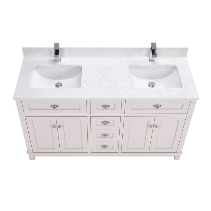 Cassandra 60" Solid Wood Bathroom Vanity White Finish Undermount Sink & Stone Top