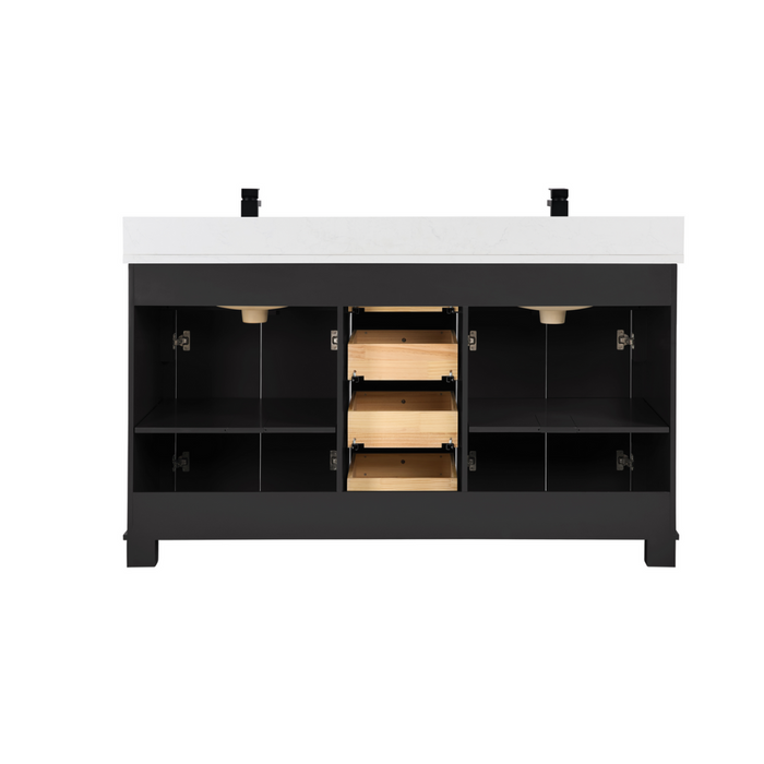 Louvain 60" Tricorn Black Freestanding Bathroom Vanity with Stone Countertop and Soft-Close Drawers