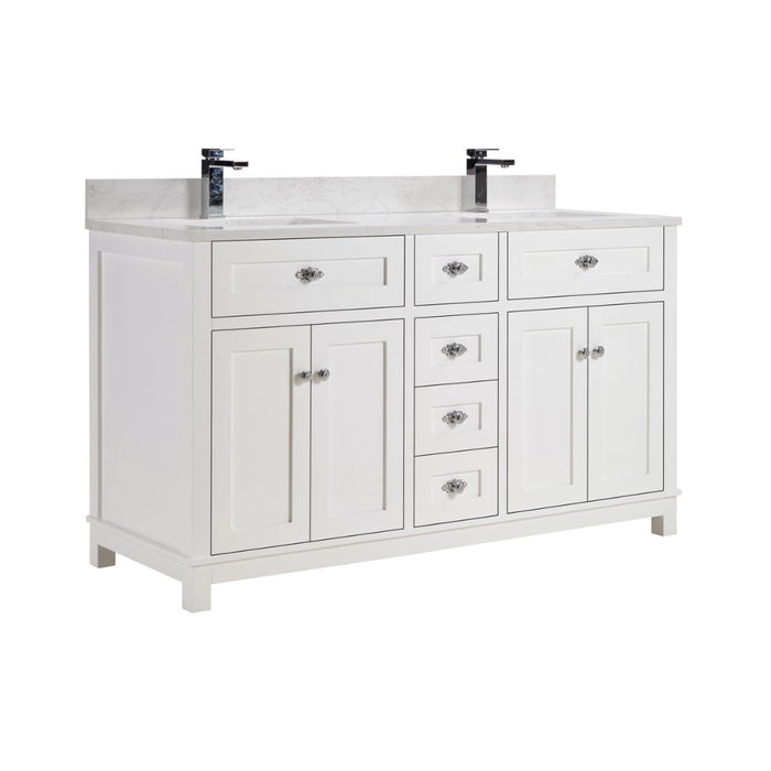 Miren 60" White Classic Solid Wood Bathroom Vanity with Artificial Stone Top, 6 Drawers & 4 Doors