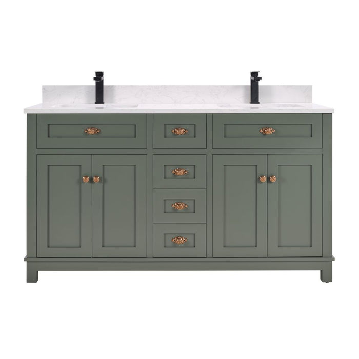 Mathias 60" Pewter Green Wood Bathroom Vanity with 1" Stone Countertop Undermount Sink Soft Close Hardware