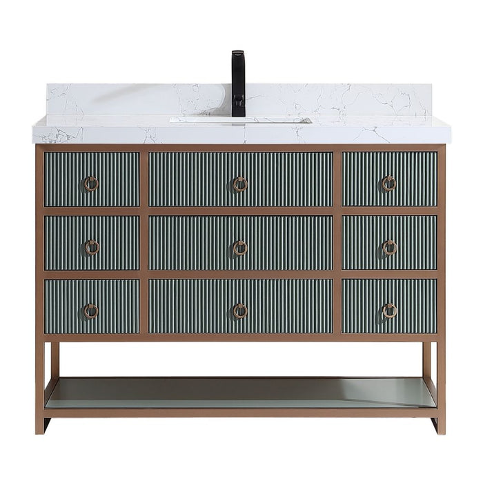 Luxury Line 48" Pewter Green 8-Drawer Bathroom Vanity – Golden Brush Steel Frame Thick White Artificial Stone