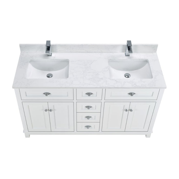 Miren 60" White Classic Solid Wood Bathroom Vanity with Artificial Stone Top, 6 Drawers & 4 Doors