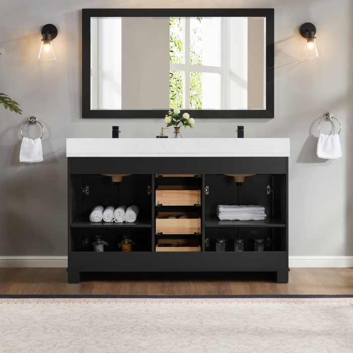 Louvain 60" Tricorn Black Freestanding Bathroom Vanity with Stone Countertop and Soft-Close Drawers