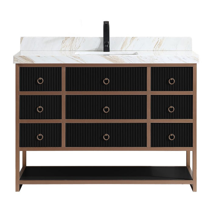Cayla 48" Tricorn Black Double Sink Bathroom Vanity – Contemporary Golden Brush Steel with Marble Countertop