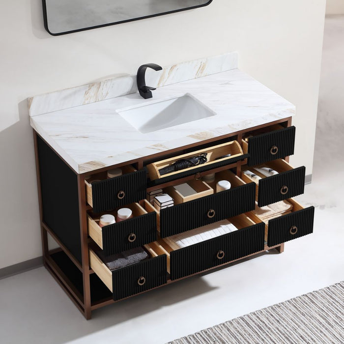 Cayla 48" Tricorn Black Double Sink Bathroom Vanity – Contemporary Golden Brush Steel with Marble Countertop