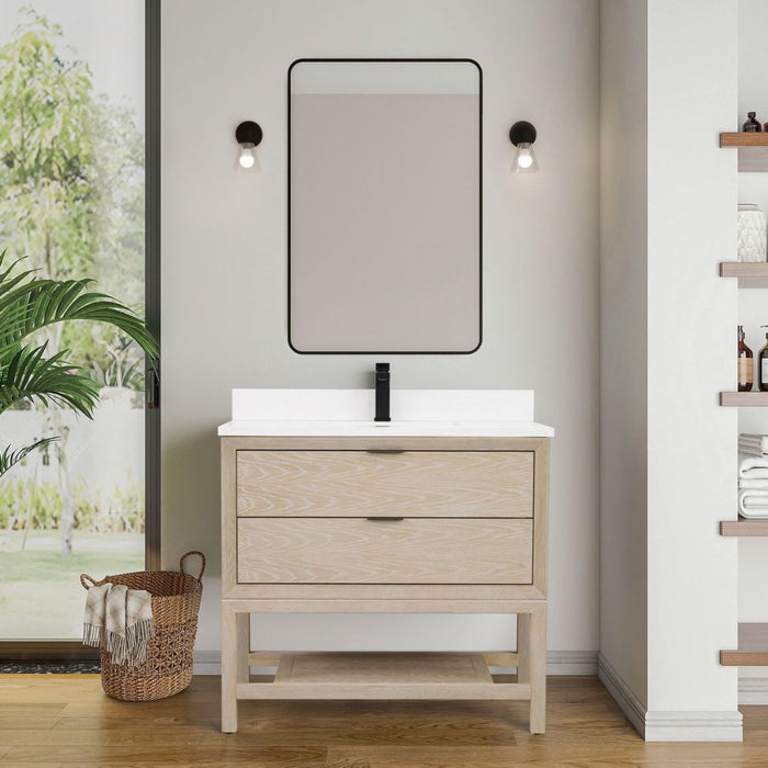 Warren 36" Oak Bathroom Vanity with Drawer - Whitewashed Finish Single Sink Vanity with White Stone Top
