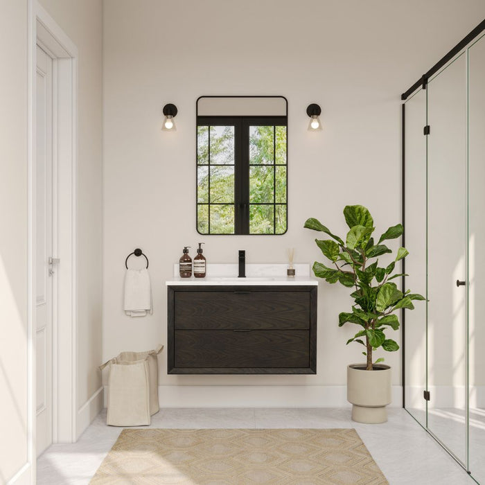 Alley 36" Brown Oak Bathroom Vanity Set - 1" Thick White Artificial Stone Countertop with Drawers