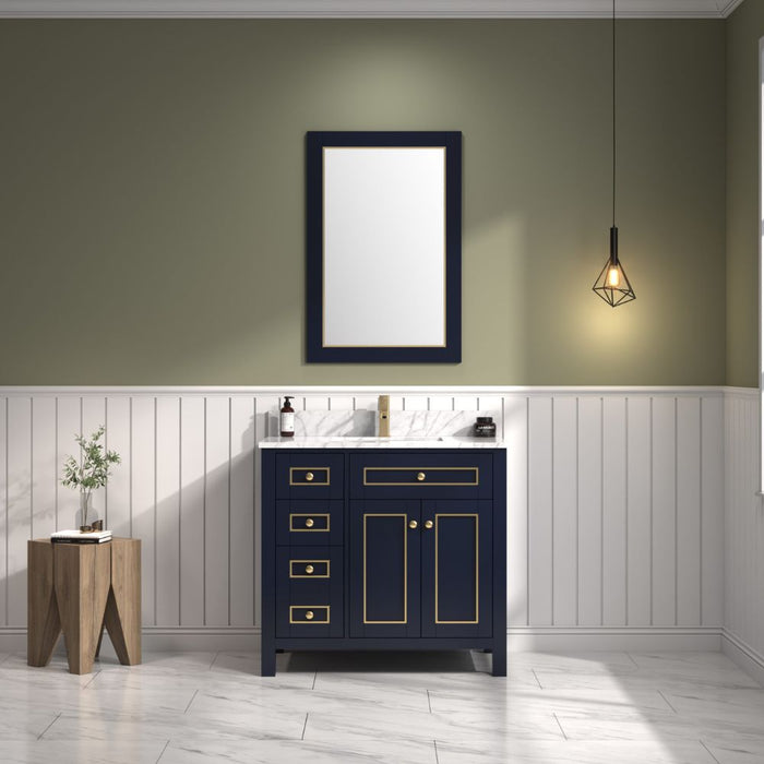 Jacy 36" Blue Wood Bathroom Vanity with Carrara White Top, Single Sink, and Dovetail Drawers