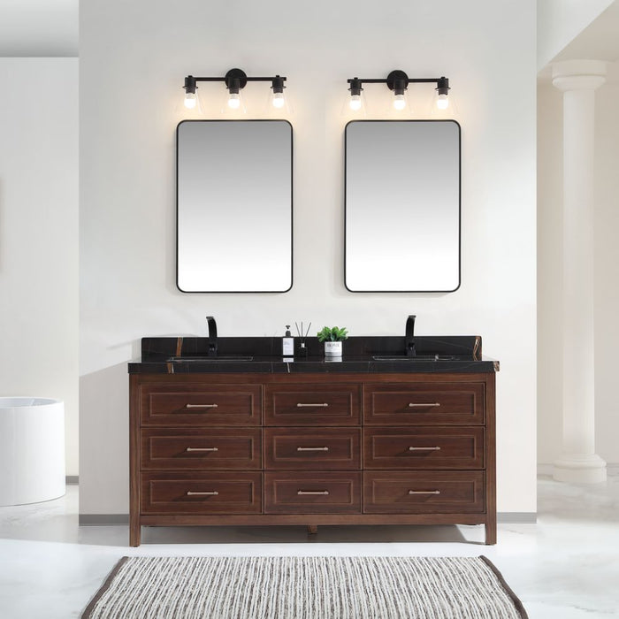 Catia 72" Double Sink Vanity Dark Finish - 2" Black Natural Marble Top with Ceramic Sinks