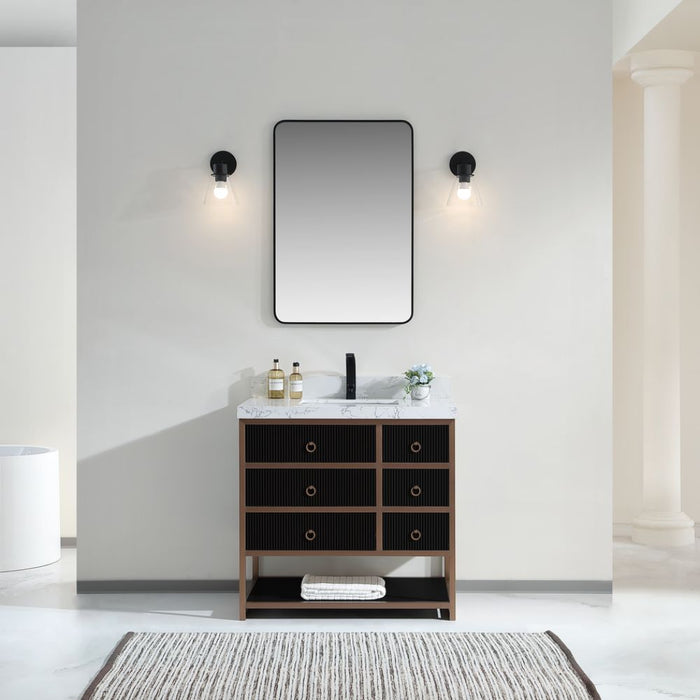 FusionBath Premium 36" Tricorn Black Oak Wood Vanity – Golden Brushed Steel Frame with White Artificial Stone Top & Soft-Close Drawers