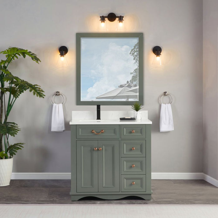 Sanaki 36" Solid Wood Bath Vanity French Contemporary Pewter Green Finish with Artificial Stone Top & 4 Drawers