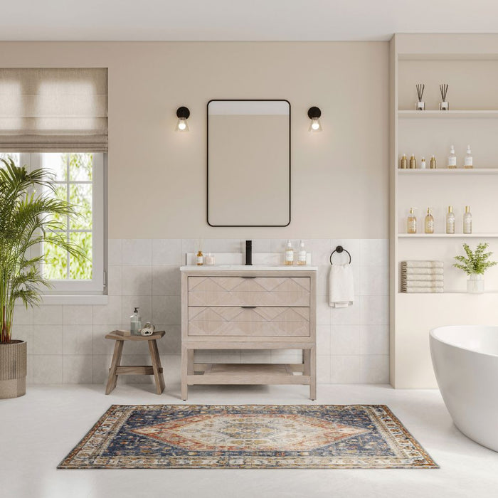 Harding 36" Whitewashed Oak Wood Vanity with White Stone Top - 2 Drawer Bathroom Cabinet