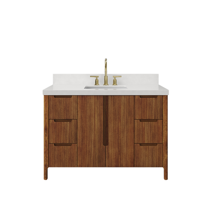 48 Inch Solis Mango Wood Single Sink Bathroom Vanity with Whitebrook Quartz Top & Gold Faucet