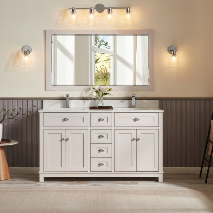 Cassandra 60" Solid Wood Bathroom Vanity White Finish Undermount Sink & Stone Top