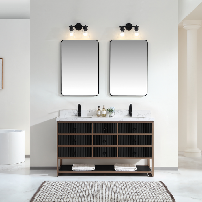 Mabelle 60" Tricorn Black Golden Stainless Steel Double Bathroom Vanity – Modern Oak Frame with White Stone Top