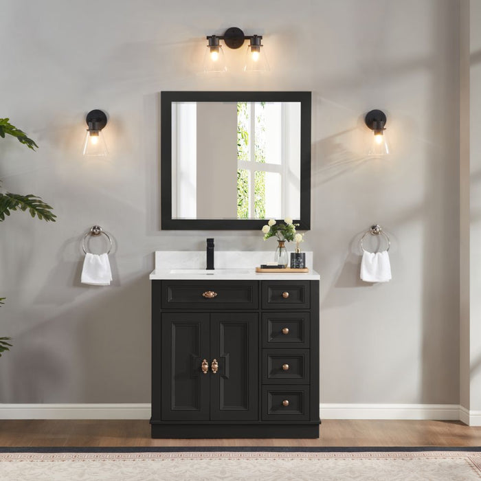 Tritan 36" Solid Wood Tricorn Black Bathroom Sink Vanity with Soft-Close Doors & Stone Countertop