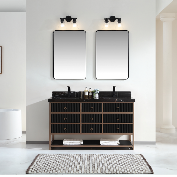 Kimberly 60" Double Bathroom Vanity Tricorn Black Finish - Stainless Steel Frame with 7 Drawers