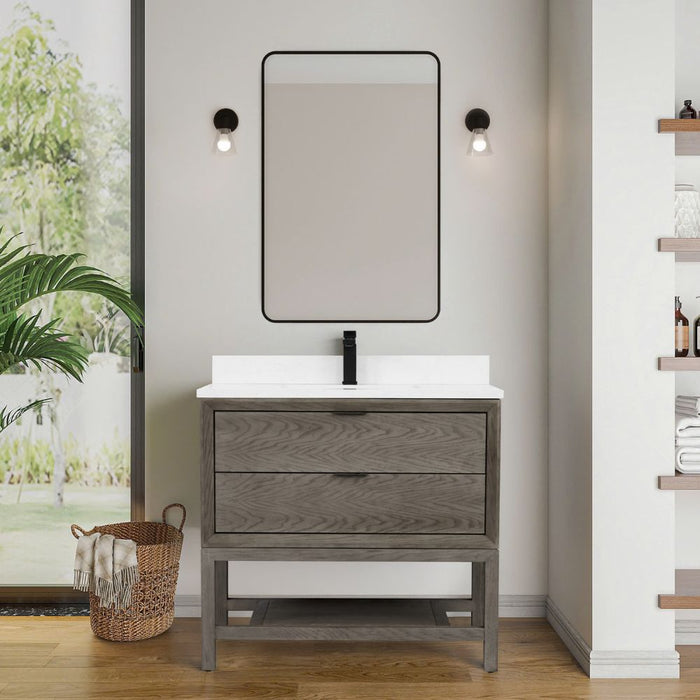 Grimson 36" Grey Oak Finish Single Sink Vanity – Free-Standing Bathroom Cabinet with White Artificial Stone Top