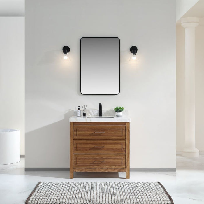 36" White Natural Marble Bathroom Vanity - Contemporary Wood Frame with Ceramic Sink