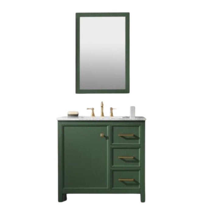 36" Luminescence Green Finish Bathroom Vanity - Carrara Marble Countertop with Ceramic Sink & Soft-Close Drawers