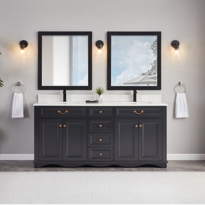 Isidora 72" Tricorn Black Bathroom Vanity Cabinet Solid Wood Construction Double Sink with Stone Top