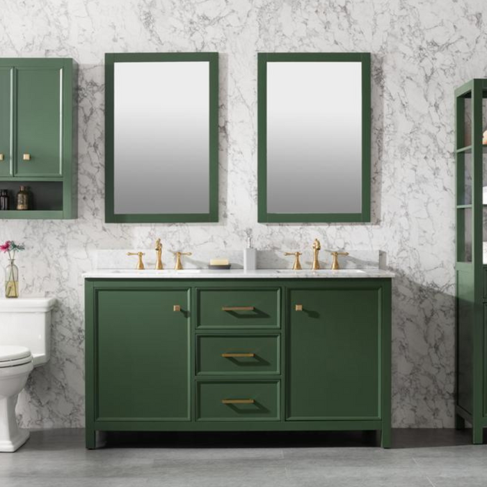 60" Seva Green Finish Double Sink Bathroom Vanity Cabinet with Carrara White Marble & 3 Drawers