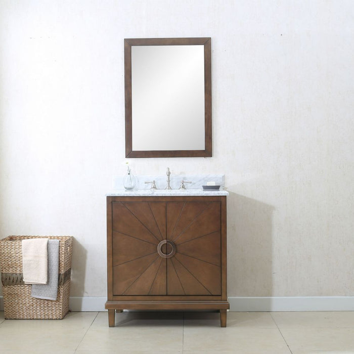 Odette 30" Antique Coffee Bathroom Vanity Cabinet – White Carrara Top Pre-Drilled for Faucets