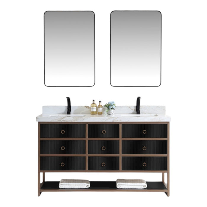 Venza 60" Double Vanity Golden Brush Stainless Steel Frame Tricorn Black Oak Wood – Modern Bathroom Vanity with 2" White Natural Marble Top