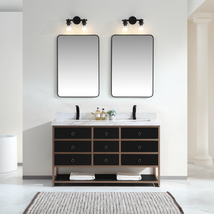 Venza 60" Double Vanity Golden Brush Stainless Steel Frame Tricorn Black Oak Wood – Modern Bathroom Vanity with 2" White Natural Marble Top