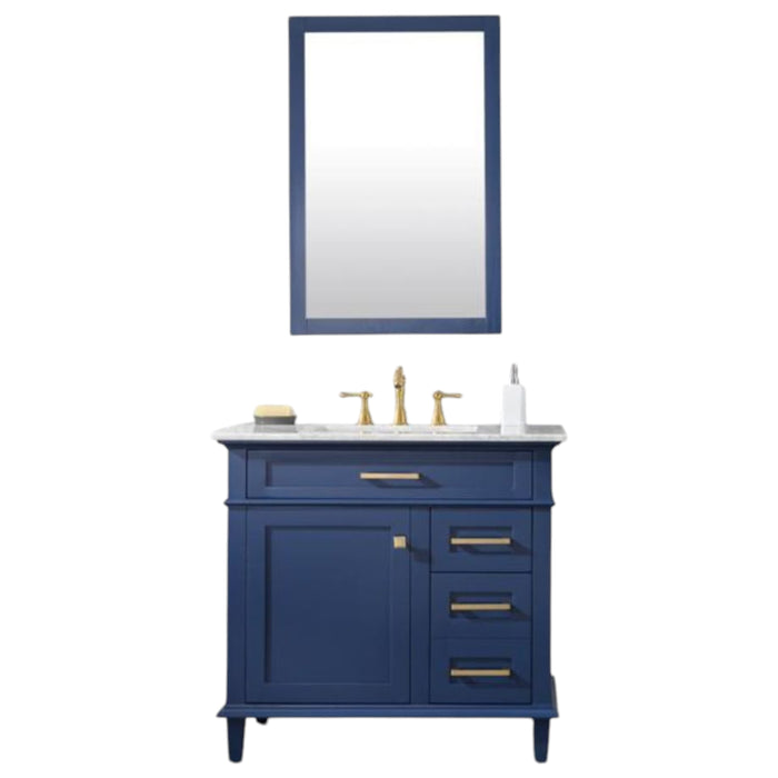 Jacy 36" Blue Wood Bathroom Vanity with Carrara White Top, Single Sink, and Dovetail Drawers