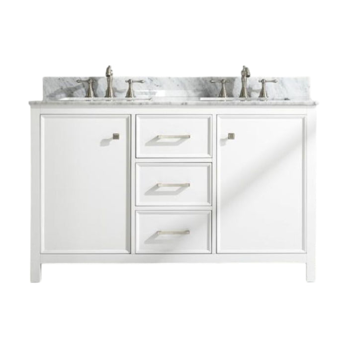 Barnstorm 54" White Modern Double Sink Bathroom Vanity with Carrara Marble Top & Storage Drawers