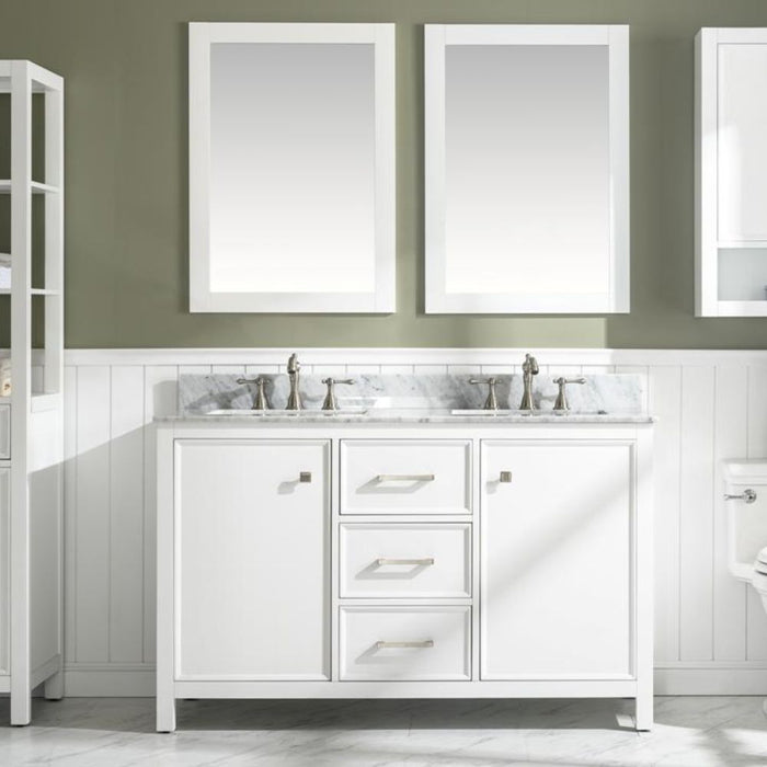 Barnstorm 54" White Modern Double Sink Bathroom Vanity with Carrara Marble Top & Storage Drawers
