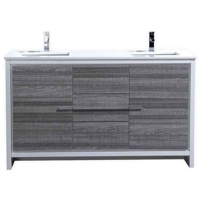 Emmie 60" Ash Gray Modern Bathroom Vanity with Double Sink – White Quartz Counter and Soft Close Drawers