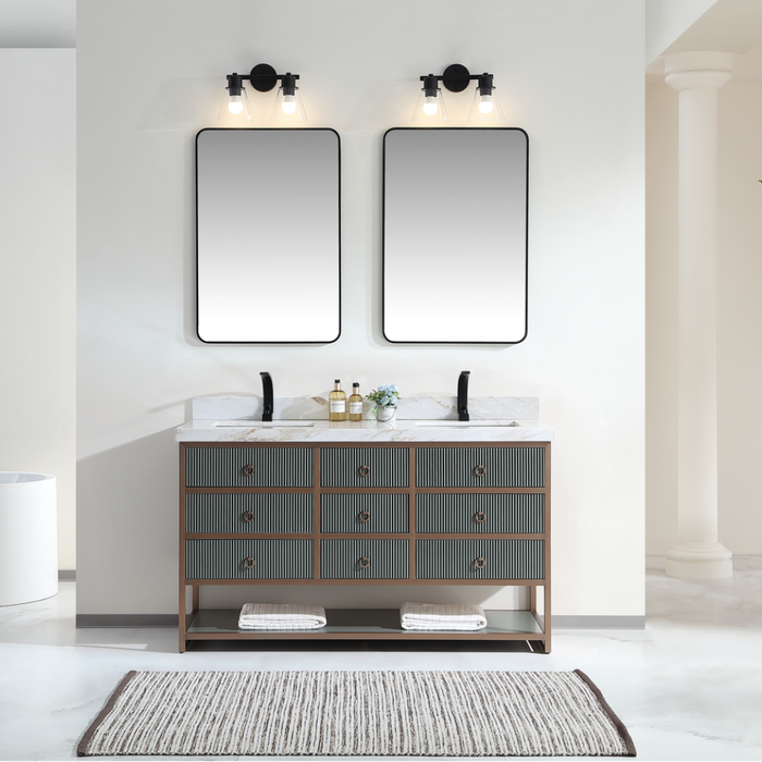 60" Double Vanity Stainless Steel Golden Brush Frame – Contemporary Pewter Green 2" White Marble Top 9 Drawers