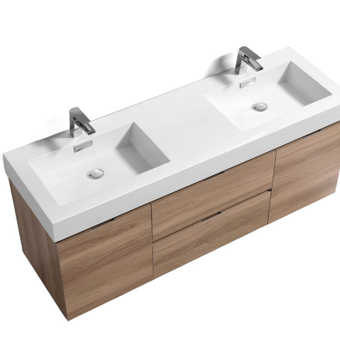 Mayln 60" Honey Oak Wood Veneer Double Sink Vanity – Wall Mounted Modern Bathroom Cabinet with Soft-Close Doors