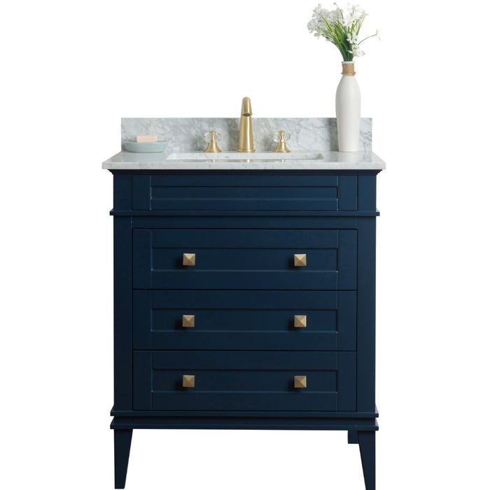 Quinne 30" Birch Wood Bathroom Vanity with Carrara Marble Top - 3 Drawer Storage & Gold Hardware