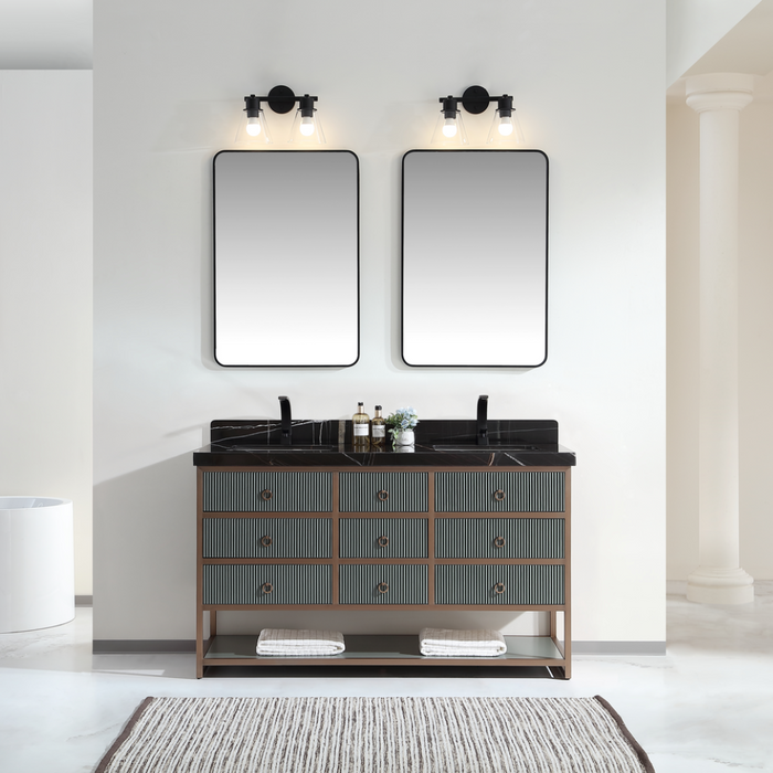 Cadencia 60" Pewter Green Double Vanity with Golden Brush Stainless Steel Frame – Modern Industrial Style with 2" Black Natural Stone Top