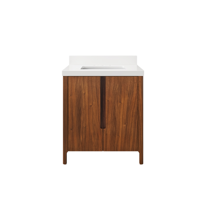 30-Inch Black Walnut Single Sink Vaughn Vanity Freestanding Whitebrook Quartz Countertop Soft-Close Doors