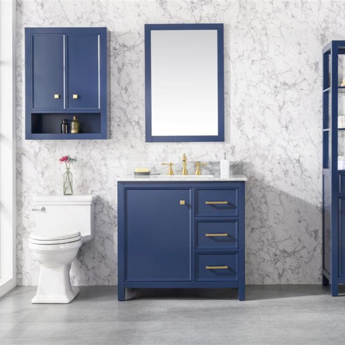 Estra 36" Blue Wood Vanity Cabinet with White Carrara Marble Top and Ceramic Sink - Modern 3-Drawer Design