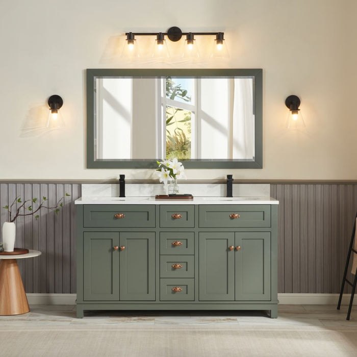 Mathias 60" Pewter Green Wood Bathroom Vanity with 1" Stone Countertop Undermount Sink Soft Close Hardware