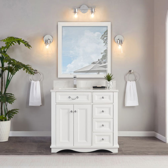 Vologne 36" White Solid Wood Bathroom Vanity Cabinet with Artificial Stone Top, Soft-Close Drawers & Dovetail Construction
