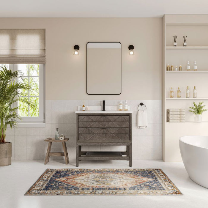 Janis Modern 36" Grey Oak Vanity on Legs with White Artificial Stone Top – 2-Drawer Bathroom Storage
