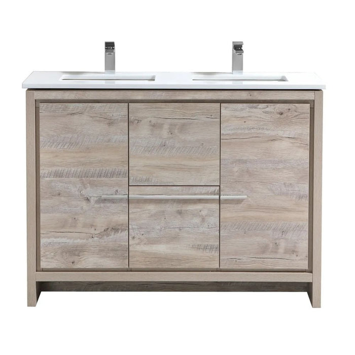 Brevin 48" Nature Wood Double Vanity Cabinet – Modern Bathroom Vanity with White Quartz Top & Soft-Close Hardware