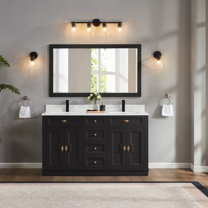 Louvain 60" Tricorn Black Freestanding Bathroom Vanity with Stone Countertop and Soft-Close Drawers