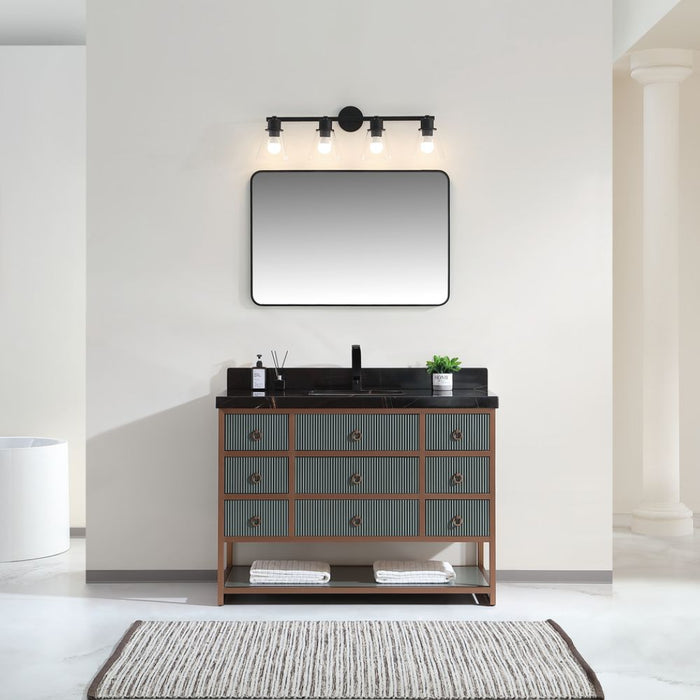 Loafey Steel 48" Pewter Green Bathroom Vanity Cabinet – Modern Golden Brush Frame with Black Marble Top and White Ceramic Sink