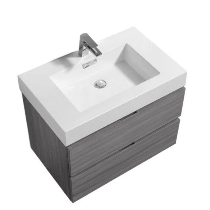 Vulcan Bliss 30" Vulcan Ash Grey Wood Veneer Wall Mount Bathroom Vanity – Modern Style with Soft-Close Drawers