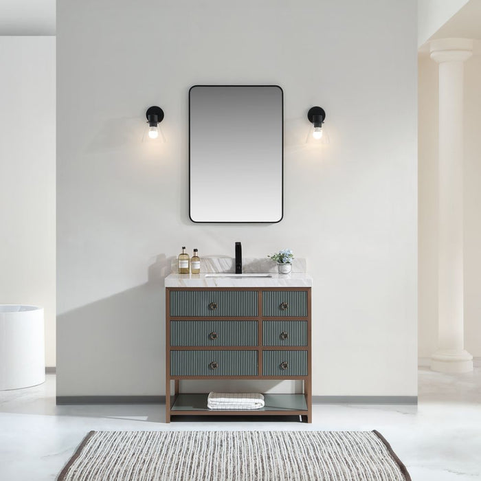 FusionBath 36" Pewter Green Stainless Steel Bathroom Vanity – Modern Golden Brush Oak Frame White Artificial Stone