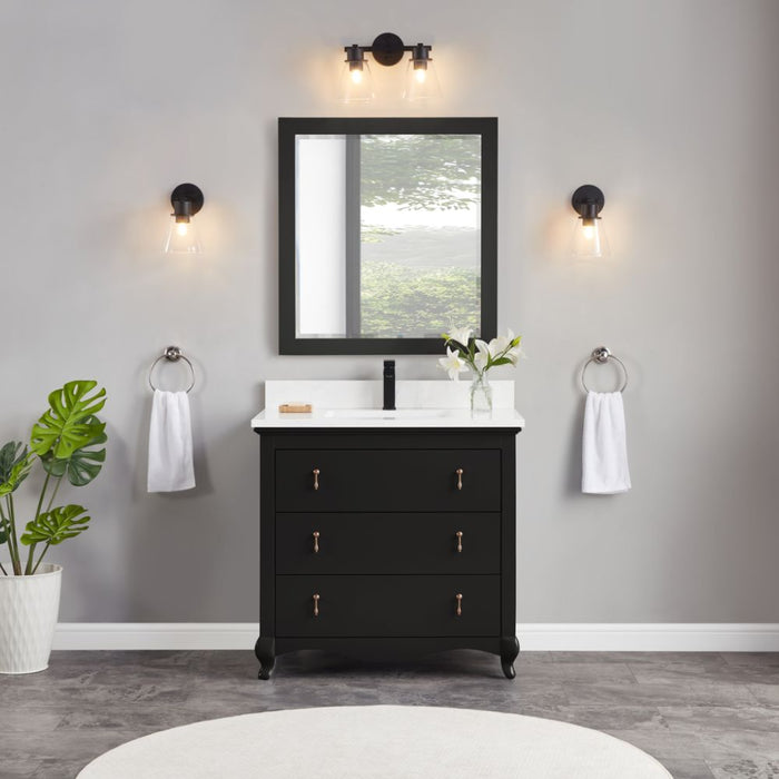 Zaira 36" Solid Wood Vanity – Matte Black Bathroom Cabinet with Artificial Stone Countertop